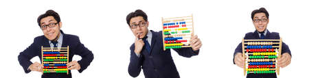Funny businessman with abacus isolated on the whiteの写真素材