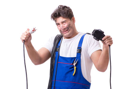 Funny electrician isolated on whiteの写真素材