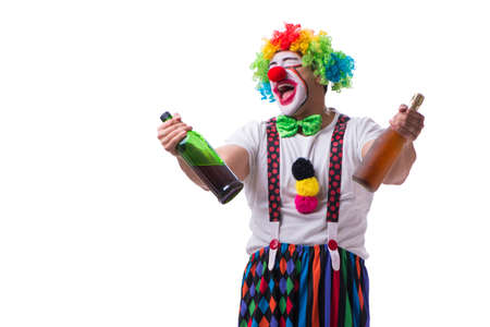 Funny clown with a bottle isolated on white backgroundの写真素材