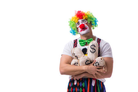 Funny clown with money sacks bags isolated on white backgroundの写真素材
