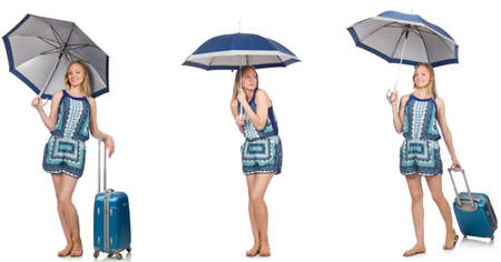 Collage of woman with umbrella and suitcaseの写真素材