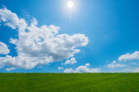 Cloudy sky and green grass in nature conceptの写真素材
