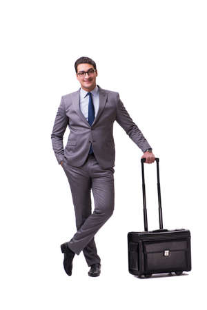 Young man during business travel isolated on whiteの写真素材