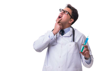 Young male doctor with a syringe isolated on white backgroundの写真素材