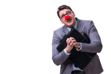Funny clown with briefcase on whiteの写真素材