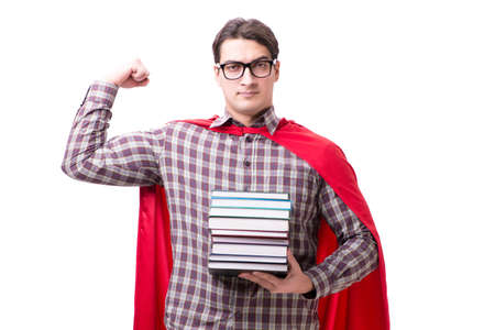 Super hero student with books isolated on whiteの写真素材