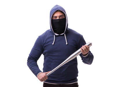 Young man hooligan with baseball bat isolated on whiteの写真素材