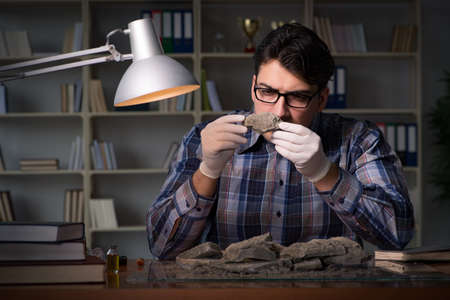 Archeologist working late night in officeの写真素材