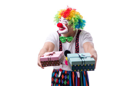 Funny clown with a gift present box isolated on white backgroundの写真素材