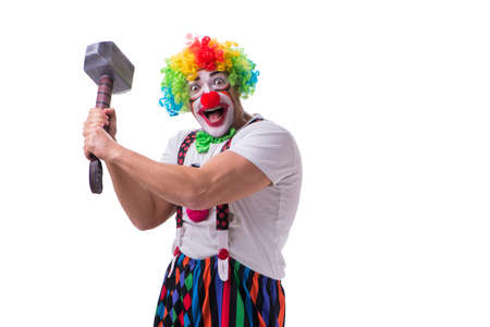 Funny clown with a hammer isolated on white backgroundの写真素材