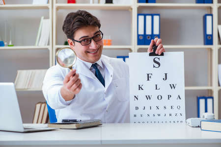 Doctor optician with letter chart conducting an eye test check