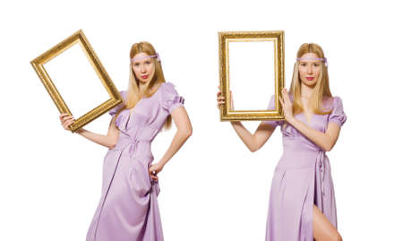 Woman with picture frame on whiteの写真素材