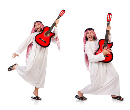 Arab man playing guitar isolated on whiteの写真素材