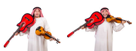 Arab musician with violin and guitar isolated on whiteの写真素材