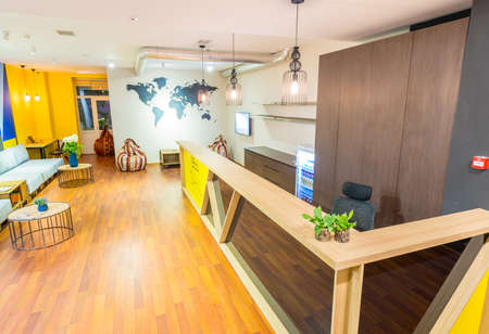 Hotel reception of hostel dormitoryの写真素材