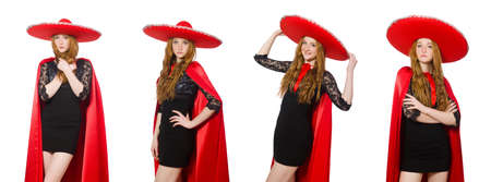 Mexican woman in red clothing on whiteの写真素材