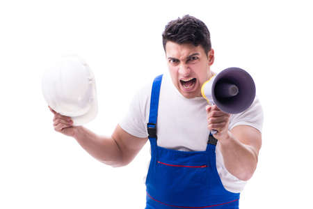 Repairman with megaphone and a digging axe on white background iの写真素材