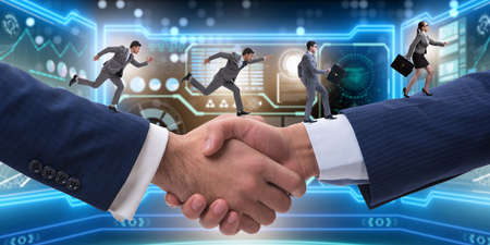 Cooperation concept with people running on handshake