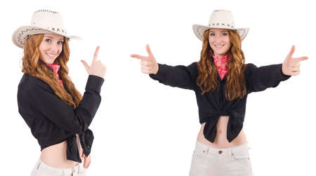 Woman cowgirl isolated on whiteの写真素材