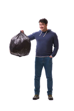 Man with garbage sack isolated on whiteの写真素材