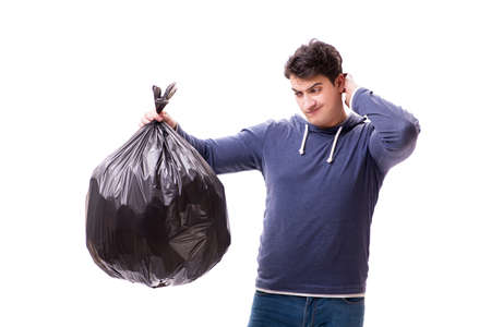 Man with garbage sack isolated on white