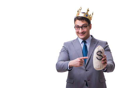 King businessman holding money bag isolated on white backgroundの写真素材