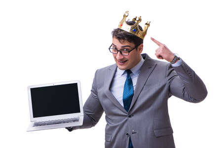 king businessman holding a laptop isolated on white backgroundの写真素材