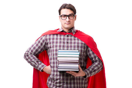 Super hero student with books isolated on whiteの写真素材