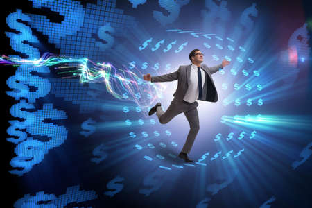 Businessman in hamster wheel chasing dollarsの写真素材