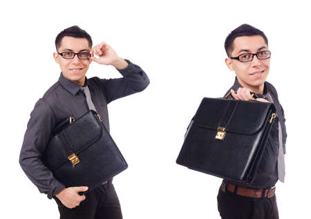 Young man holding briefcase isolated on whiteの写真素材