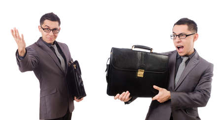 Young man holding briefcase isolated on whiteの写真素材