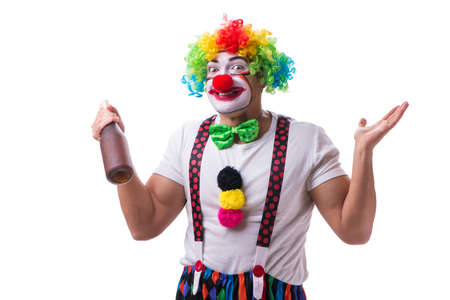 Funny clown with a bottle isolated on white backgroundの写真素材