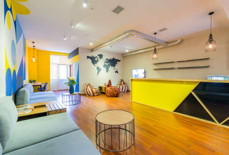 Hotel reception of hostel dormitoryの写真素材