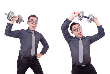 Funny businessman with dumbbells isolated on whiteの写真素材