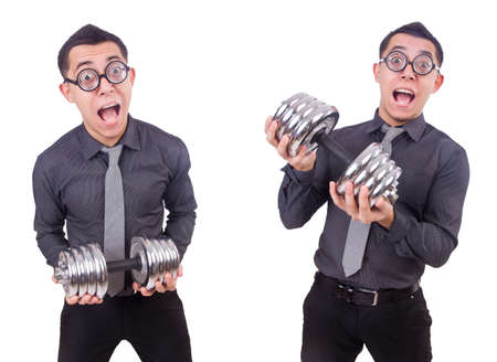 Funny businessman with dumbbells isolated on whiteの写真素材