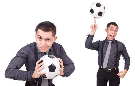Funny man with football isolated on whiteの写真素材