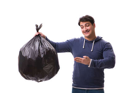 Man with garbage sack isolated on whiteの写真素材