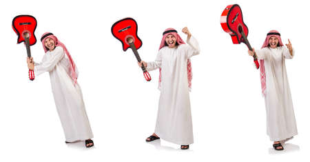 Arab man playing guitar isolated on white backgroundの写真素材