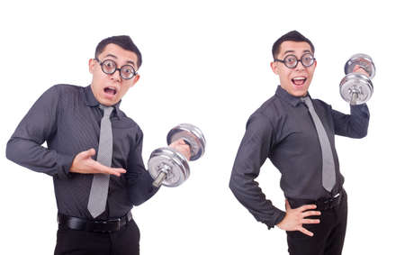 Funny businessman with dumbbells isolated on whiteの写真素材