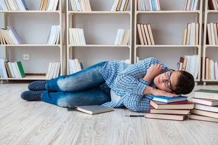 Young student studying with booksの写真素材