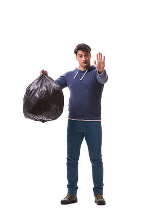 Man with garbage sack isolated on whiteの写真素材
