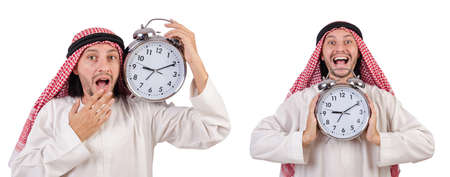 Arab man in time concept on whiteの写真素材