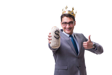 King businessman holding money bag isolated on white backgroundの写真素材