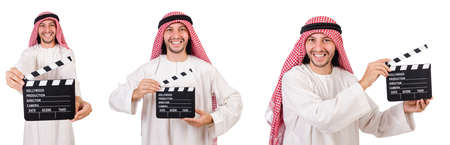 Arab man with movie clapper on whiteの写真素材