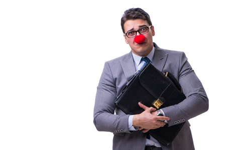 Funny clown with briefcase on whiteの写真素材