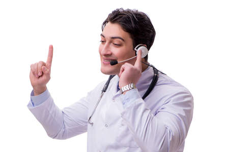 Young doctor with phone headset isolated on whiteの写真素材