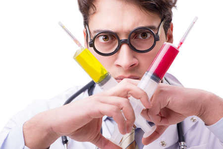 Funny doctor with syringe isolated on whiteの写真素材