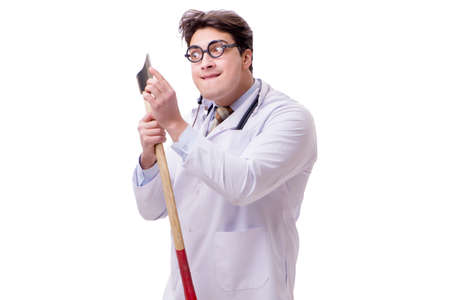 Funny doctor with axe isolated on whiteの写真素材