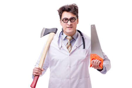 Funny doctor with axe and saw isolated on whiteの写真素材