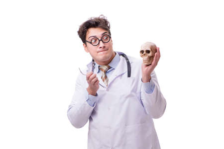 Funny doctor with skull isolated on whiteの写真素材